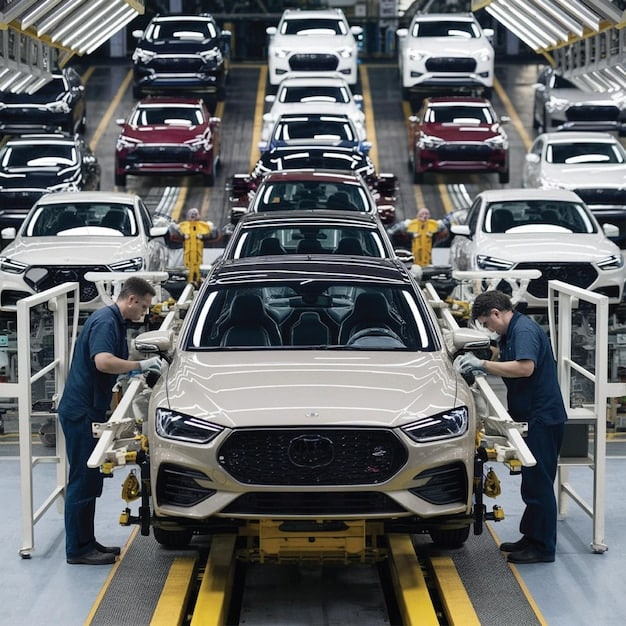 A wide shot of a car service center with several cars being serviced. In the foreground, a mechanic is holding a new car battery, ready to install it. There's a sign in the background advertising 'Upgrade and Save: Trade in Your Old Battery and Get a $15 Credit Towards a New One'.