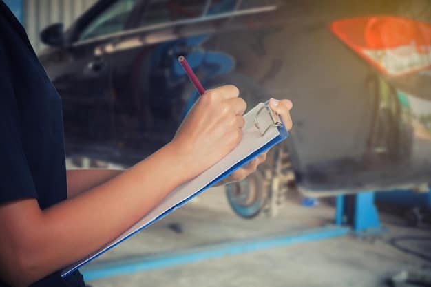 A mechanic in a garage performing a multi-point inspection on a car, with a checklist clipboard visible, focusing on battery and tire checks.