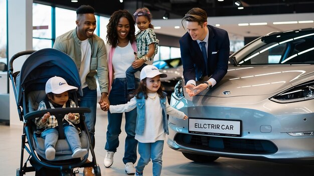 A family looking at different car models at an automotive dealership, with a focus on diverse vehicle types and a charging station visible in the background.