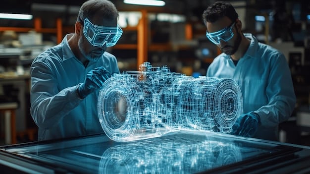 Engineers in lab coats reviewing blueprints and 3D models of an advanced electric vehicle chassis, emphasizing innovation and meticulous design in automotive development.