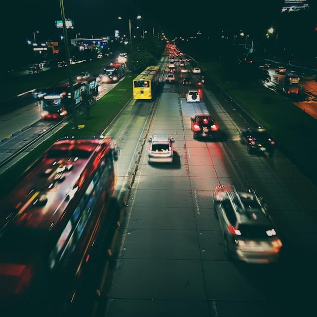 A car stuck in heavy traffic during rush hour on a major highway. The image conveys a sense of frustration and wasted time. The sky is overcast, and the surrounding buildings are generic office complexes.