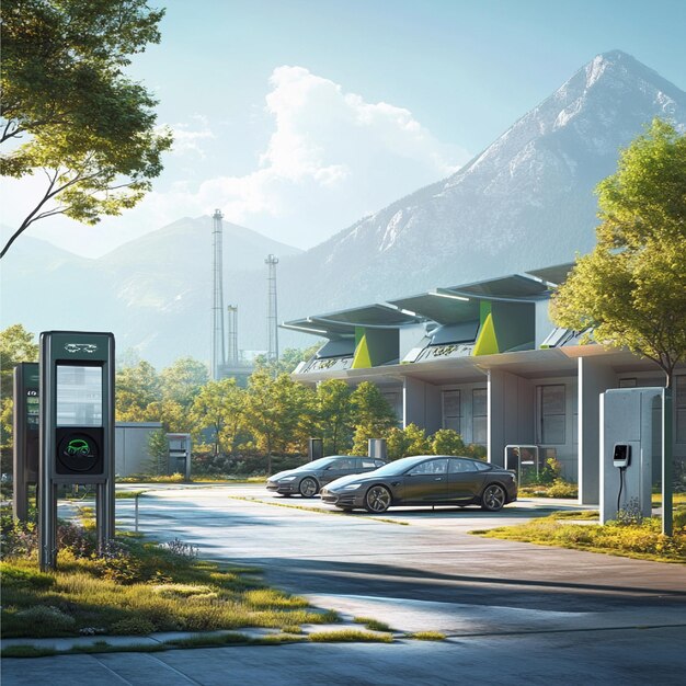 A modern electric car charging at a public charging station. Solar panels are visible in the background, symbolizing renewable energy. The scene is set in a clean, urban environment.