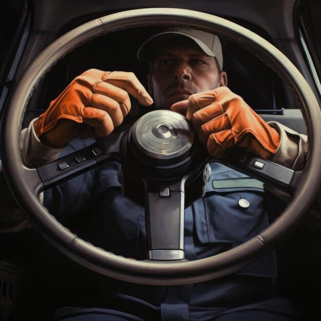 A mechanic replacing an airbag module in a car's steering wheel. The image showcases the repair process for the faulty airbags, highlighting the technical expertise required and the attention to detail involved. The setting is a well-lit and organized auto repair shop.