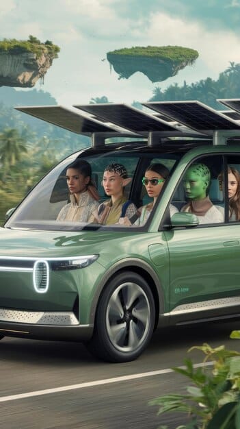 A split-screen image showing two families: one happily driving away in a new electric SUV with a visible 