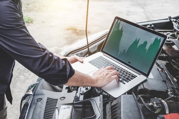 A person using a laptop to research electric vehicle tax credits, with charts and graphs illustrating potential savings and eligibility requirements displayed on the screen. The scene conveys a sense of informed decision-making.