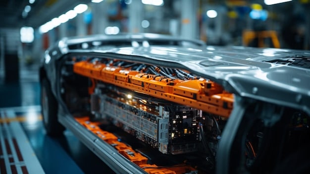 A close-up shot of an electric car battery being assembled in a high-tech factory. Robotic arms and engineers in lab coats are visible, showcasing the advanced technology involved in EV production. The image highlights the manufacturing processes behind Major Automakers Pledge to Phase Out Gasoline Engines by 2035.