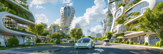 A panoramic view of a modern city with lush greenery and electric vehicles seamlessly integrated into the urban landscape. The sky is clear and blue, symbolizing the benefits of reduced emissions. The image emphasizes the positive environmental impact of Major Automakers Pledge to Phase Out Gasoline Engines by 2035.