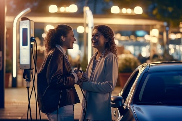 A diverse group of people standing near a newly installed electric vehicle charging station in a community park. Some are using the charging station, while others are looking at it with interest. The scene highlights the community benefits of accessible charging infrastructure and the potential for electric vehicles to be integrated into everyday life, reflecting the goals of the US Government Announces $5 Billion Investment in Electric Vehicle Charging Infrastructure.