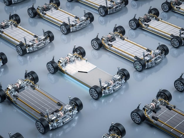 A detailed close-up of a state-of-the-art electric vehicle battery pack being assembled in a high-tech manufacturing facility relating to GM and Ford Announce Joint Venture to Develop New Battery Technology: Impact on EV Market.