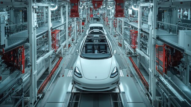 A dynamic shot of the Tesla Gigafactory producing Model Y vehicles, highlighting the advanced automation and efficiency of Tesla's manufacturing processes. The image includes robotic arms assembling car parts, conveying the scalability and technological prowess that contribute to investor confidence and the idea that Tesla Stock Soars After Unveiling New Model Y Refresh: Market Analysis.