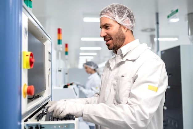 A technician in a cleanroom environment working on semiconductor manufacturing equipment in a factory. Bright lighting, advanced technology, and focus on precision. Symbolizes increased semiconductor production to address the Supply Chain Issues Continue to Plague Auto Industry: Expect Delays on New Car Deliveries.