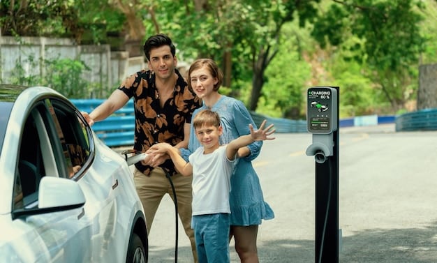 A family is happily charging their electric vehicle at a public charging station. The backdrop features a sunny suburban neighborhood, emphasizing the practical and family-friendly aspect of electric vehicle adoption in response to the Biden Administration's proposed emission standards for 2027 vehicles.