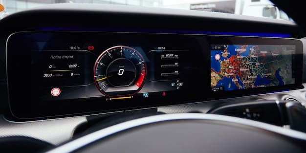 A close-up shot of a car's dashboard. The focus is on the central display screen, a modern touchscreen interface displaying a navigation map. The steering wheel is visible in the foreground, with hands gripping it. The lighting is soft, creating a comfortable and inviting atmosphere inside the car. This represents the technological advancements in newer vehicles impacting used car value, relevant to Used Car Prices Expected to Drop 10% by End of 2025: Expert Forecast.