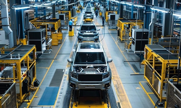 A photo of a Rivian production line with several unfinished vehicles, highlighting the supply chain and manufacturing challenges faced by the company. There are employees wearing masks visible, indicating the pandemic's impact on the production process.