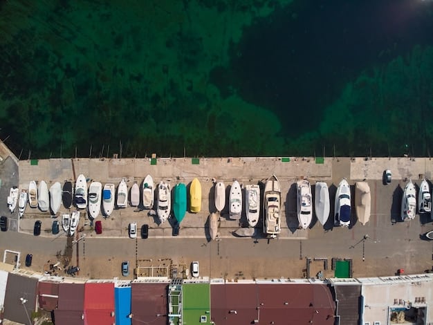An aerial view of a Ford dealership. Multiple F-150 trucks are visible on the lot, along with other Ford vehicles. The dealership building is clearly identifiable with Ford branding.