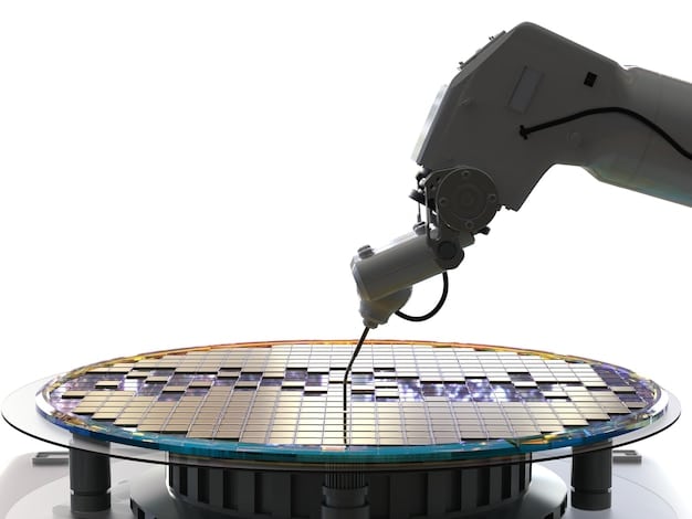 Close-up shot of a robotic arm installing a semiconductor chip onto a car's electronic control unit (ECU) on an assembly line, highlighting the critical role of chips in modern automotive manufacturing and the impact of the Automotive Industry Faces Chip Shortage: Production Cuts Expected to Last Through 2025.