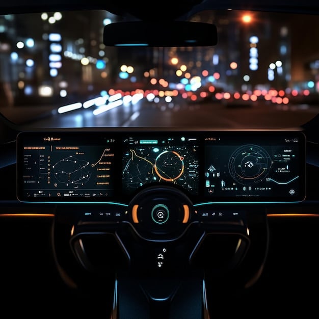 Close-up shot of a Tesla's dashboard displaying the Autopilot system interface. The screen shows real-time data, including visualizations of detected lanes, vehicles, and other road elements. The focus is on the technological complexity and sensor inputs that the Autopilot system uses, in the context of US Department of Transportation Launches Investigation into Tesla Autopilot System.