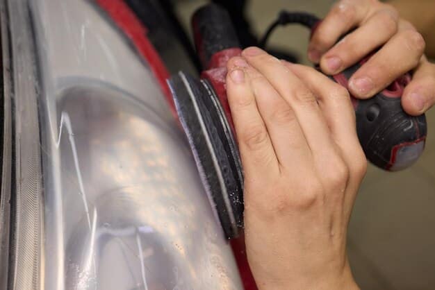 A detailed, step-by-step image showcasing a person applying painter's tape around a car headlight, carefully masking off the surrounding paint before restoration work begins.
