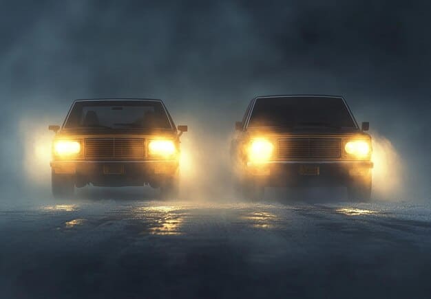 A perfect side-by-side split image showing a car's left headlight heavily yellowed and hazy (Before) and its right headlight completely clear and sparkling after restoration (After), highlighting the dramatic improvement in clarity.