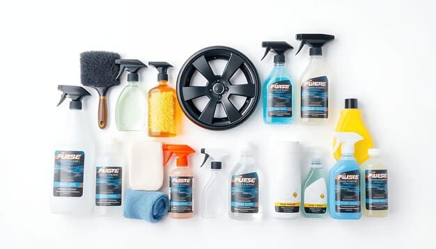 Collection of car detailing tools and chemicals, including microfiber towels, spray bottles, and bottles of water spot remover, neatly arranged on a clean garage floor.