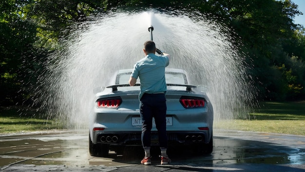A person washing a silver car in a driveway. Soapy water is being sprayed from a hose, and a wash mitt is visible. The focus is on the washing motion and the removal of surface dirt before addressing water spots. Mention 'How to Remove Stubborn Water Spots After a Car Wash: A 5-Step Guide for 2025' in the context.