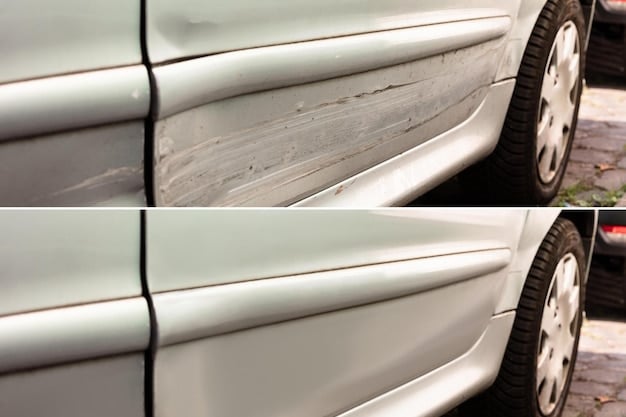 A close-up shot of a car's paint surface before and after using a detailing clay bar. The 
