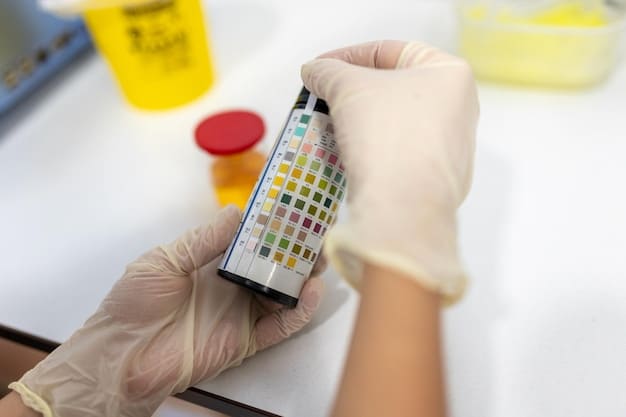 A person wearing gloves and using a pH testing strip to check the pH level of a car wash soap. The focus is on the color of the strip and the corresponding number, indicating the soap's pH level. The image illustrates the importance of pH balance when choosing car wash soap under the topic of The Ultimate Guide to Choosing the Right Car Wash Soap for Your Vehicle's Finish in 2025.