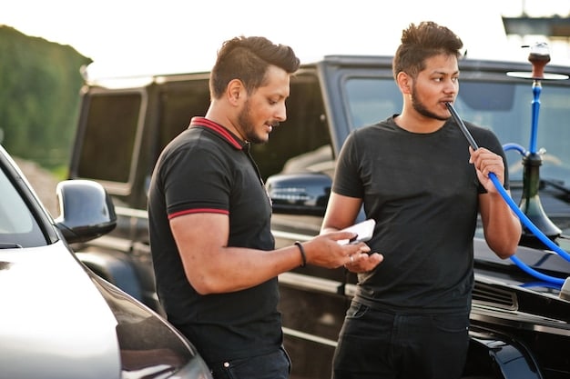 A happy customer handing payment to a mobile detailer after a car detailing service. The car should be visibly clean and well-detailed, and the customer should appear satisfied with the service, highlighting the positive customer experience that Mobile Car Detailing: How to Start a Profitable Side Hustle in 2025 can provide. The setting should be a residential driveway or a workplace parking lot.