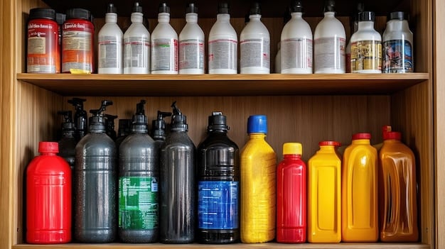 A shelf full of various car detailing products, including soap, wax, sealant, and rubber protectant. The bottles are neatly arranged, with labels clearly visible. The focus is on the variety and quality of products available for winter car detailing: Protecting Your Car from Salt and Snow Damage in 2025. The background shows a well-organized garage or detailing shop.