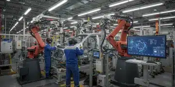 Futuristic US automotive factory with robots and AR