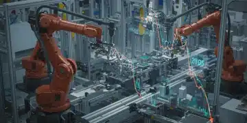 Robotic arms installing microchips on an automotive assembly line, symbolizing the 2025 global chip shortage and its impact on the US auto industry.