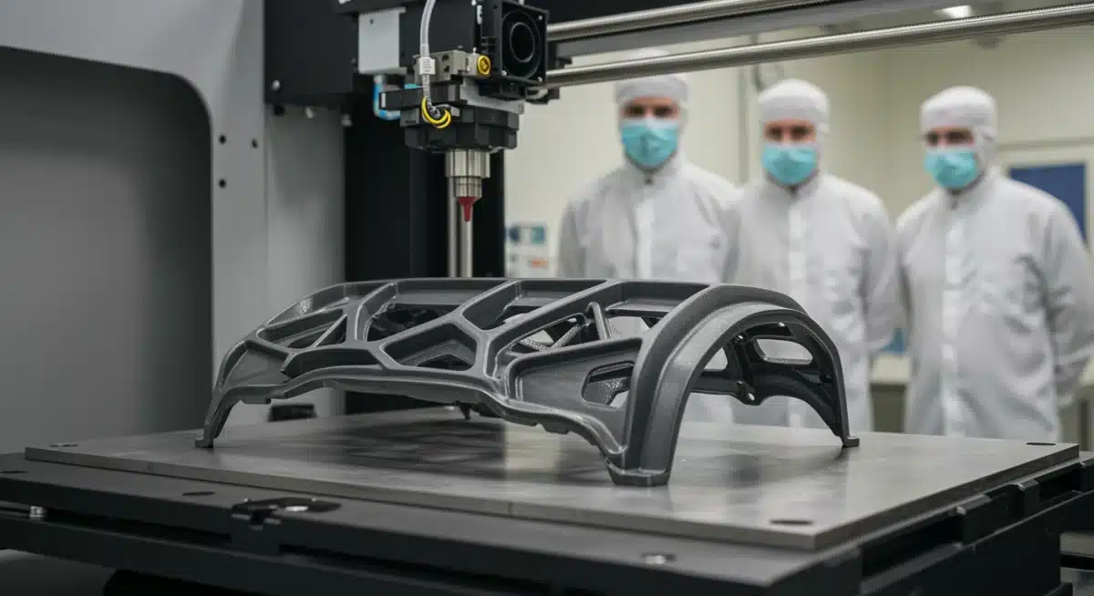 High-resolution 3D printer creating a complex automotive part.
