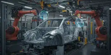 Robotic arms installing 3D-printed car components on an assembly line.