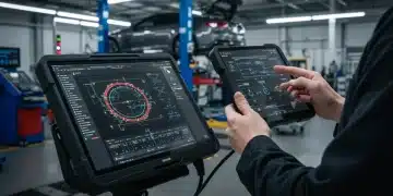 Mechanic using advanced diagnostic tablet in modern auto repair shop