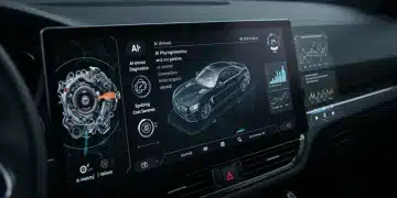 AI-powered predictive maintenance dashboard in a modern vehicle, showing diagnostic data and cost savings.
