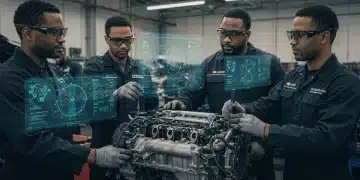 Automotive technicians using AR smart glasses for engine repair training with digital overlays.