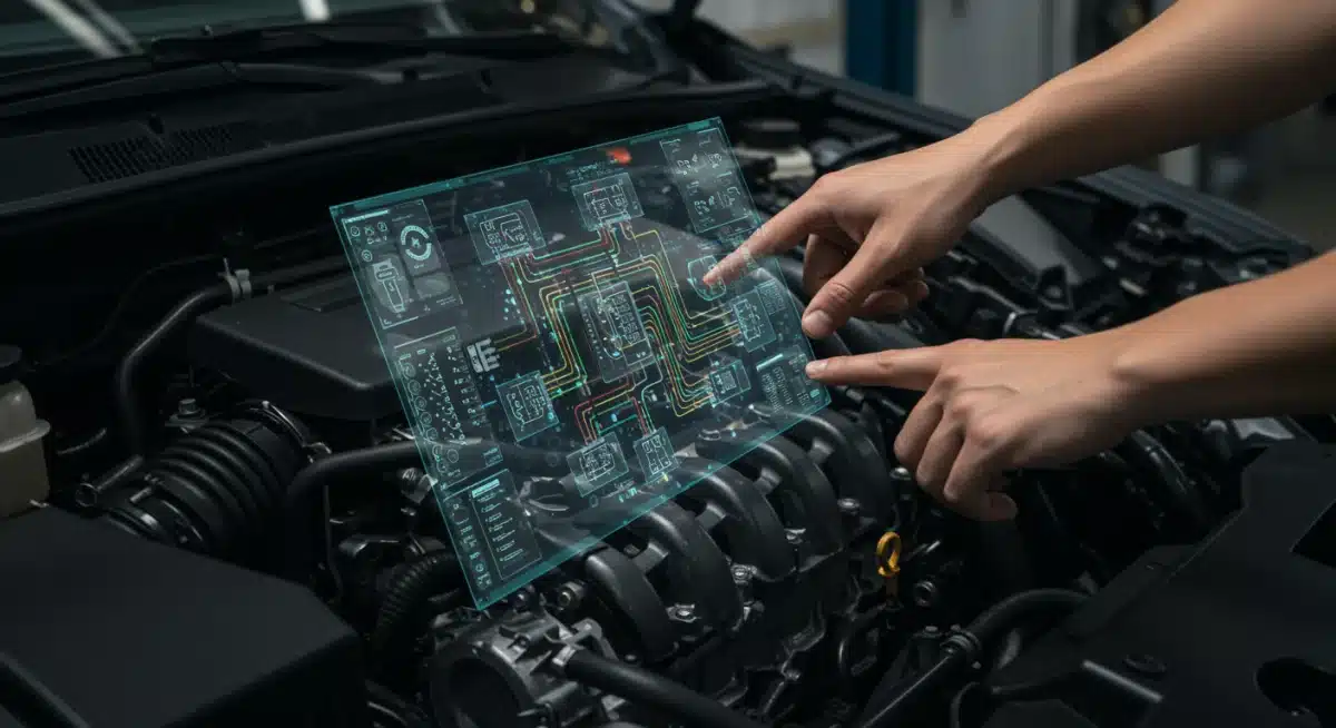 Technician's hands interacting with AR overlay showing wiring diagrams in an engine bay.