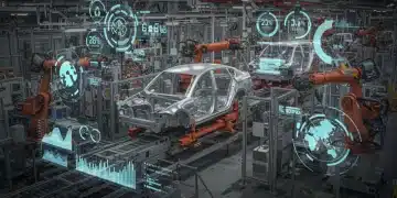 Futuristic auto manufacturing facility with robots and emission data projections