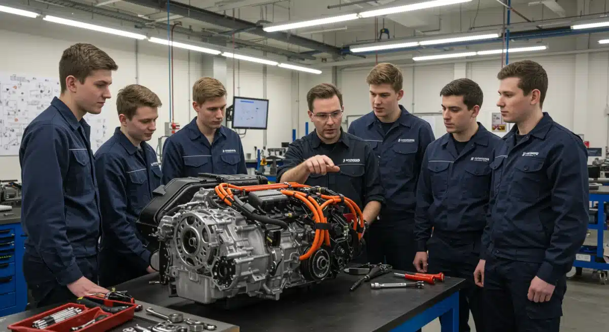Automotive instructor teaching apprentices engine diagnostics