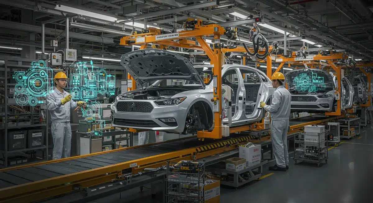 Automotive assembly line integrating new technologies for emissions compliance.