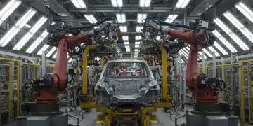Modern automotive assembly line with robotic arms boosting production efficiency.