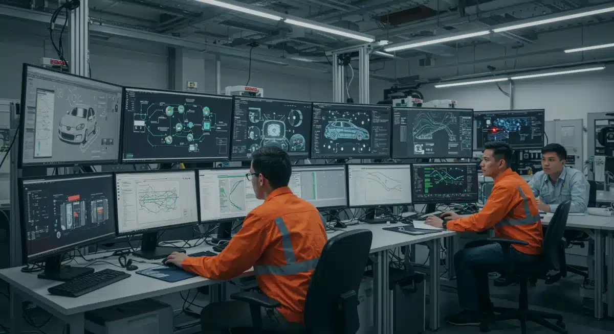 Automotive engineers collaborating on sustainable technology development