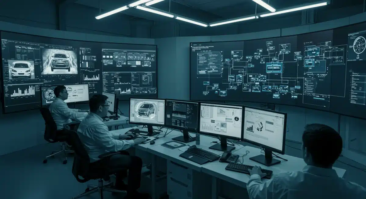 Automotive engineers monitoring OTA update data in a control room
