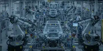 Advanced robotic arms assembling car parts in a US automotive manufacturing plant, demonstrating high efficiency.