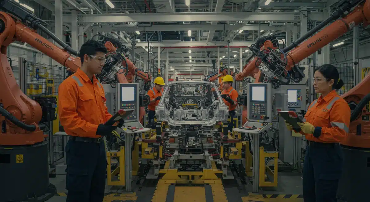 Automotive factory workers operating advanced robotics in a US plant.