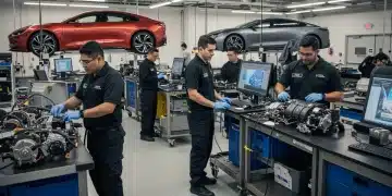 Automotive technicians training on electric vehicle technology