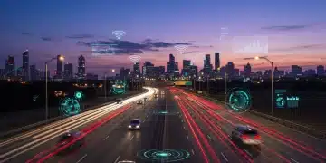 Futuristic autonomous vehicles on a highway at dusk, illustrating evolving US legislation.