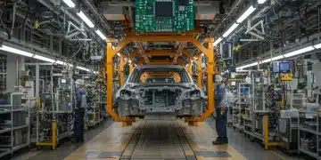 Disrupted car assembly line due to semiconductor shortage impacting new car deliveries in US by mid-2025.