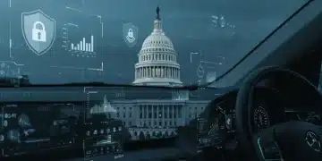 Futuristic car dashboard with data privacy overlay and US Capitol silhouette