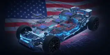 Advanced semiconductors integrating into a US-manufactured electric vehicle, representing CHIPS Act impact.
